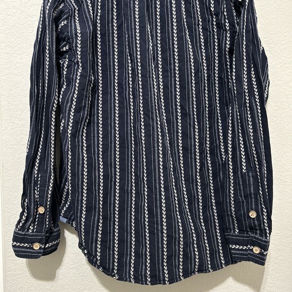 J. Peterman Shirt Blue Textured Geometric Relaxed Henley Long Sleeve Men's XL - Picture 6 of 11